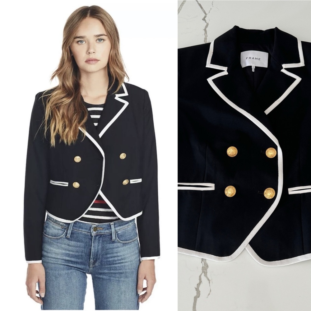 FRAME Contrast-Trim Double-Breasted Wool Blazer
